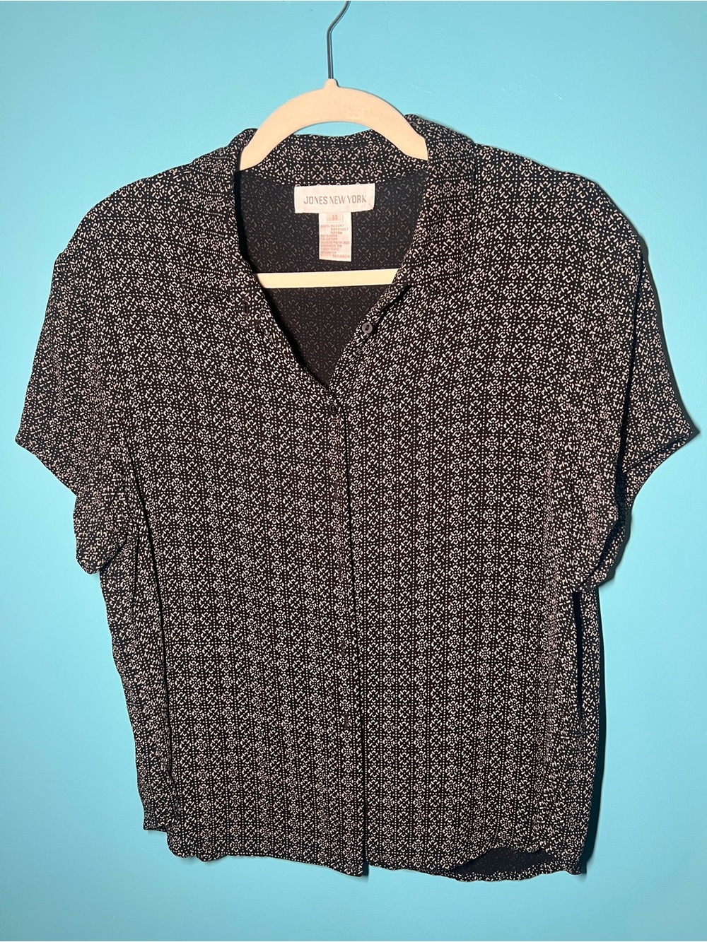 Jones New York Black Micro-Print Short Sleeve Blouse
